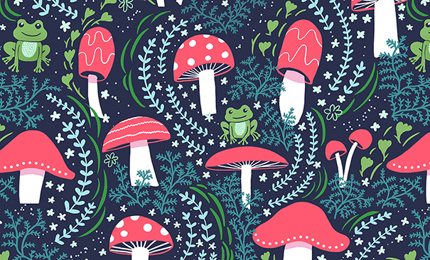 mushroom toadstool frog pattern fabric