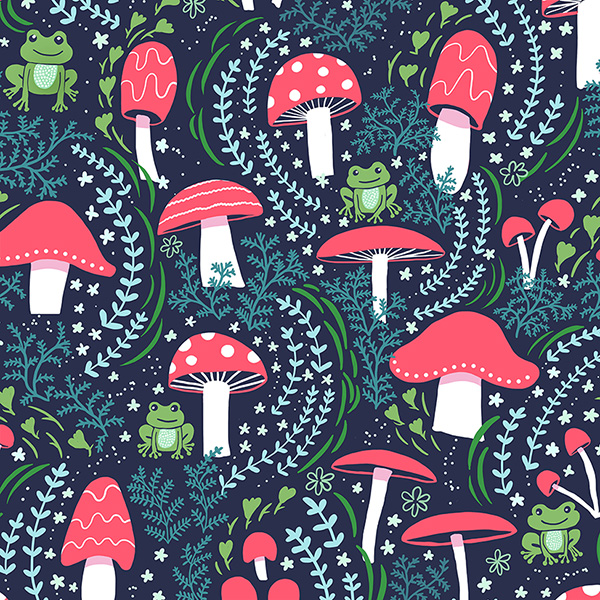 Mushrooms, toadstools and frogs pattern design | Zoe Feast Surface ...