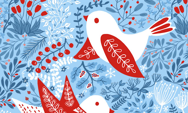 winter birds and berries tea towel