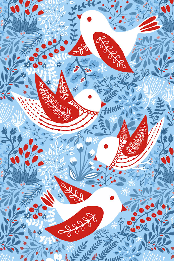 winter birds and berries pattern design